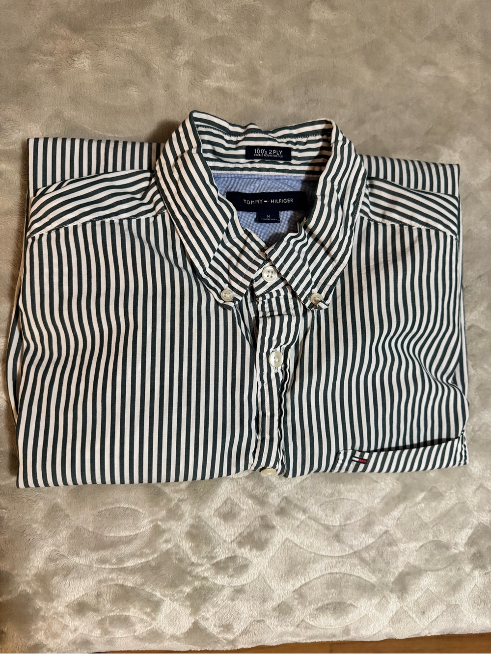 Tommy Hilfiger Men’s Navy and White Vertical Stripe Button-Down Shirt